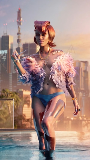 Woman in bikini and fur jacket in Cyberpunk 2077 city