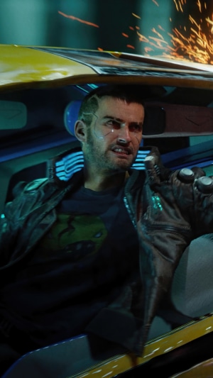 V from Cyberpunk 2077 in a car