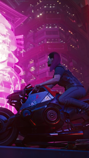 Woman riding a motorcycle in Cyberpunk 2077