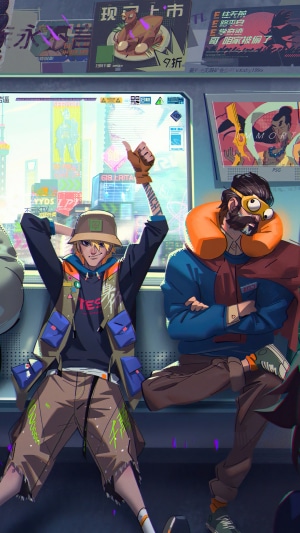 Two men on a futuristic train with city view
