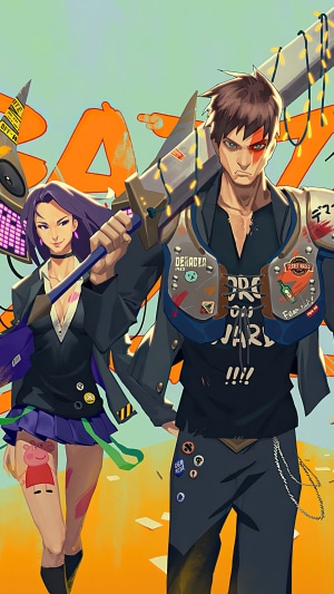 Two characters with a large sword in a stylized setting