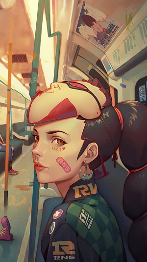 Girl with mask on a bus, League of Legends