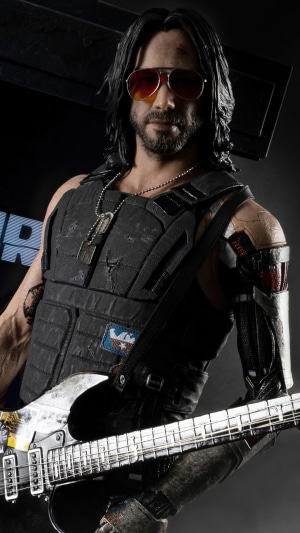 Johnny Silverhand from Cyberpunk 2077 holding a guitar