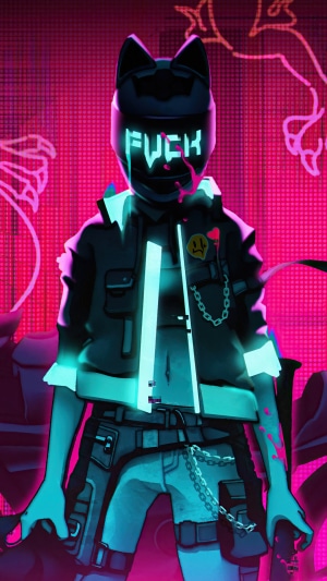 Cyberpunk 2077 character with cat helmet