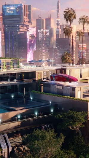 Cyberpunk 2077 futuristic city with modern architecture