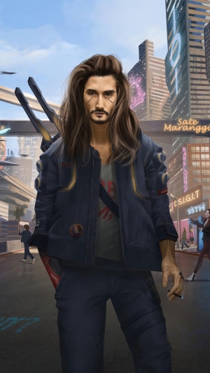 Man with long hair in a cyberpunk city