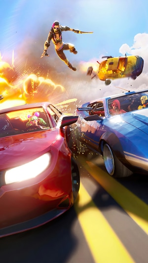Fortnite characters in a car crash with explosions