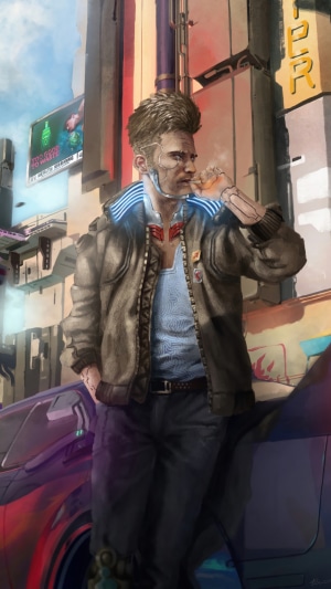 Man with cybernetic arm in Cyberpunk 2077 city