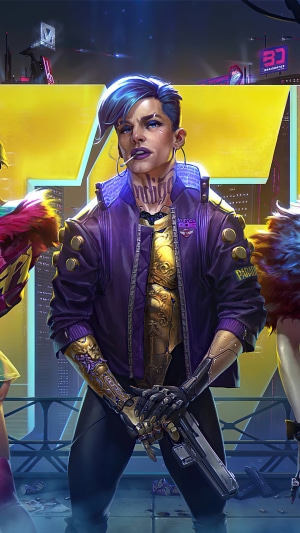 Female character from Cyberpunk 2077 holding a gun