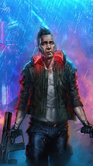 Man with mohawk and gun in Cyberpunk city