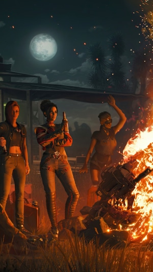 Three women by a bonfire in Cyberpunk 2077