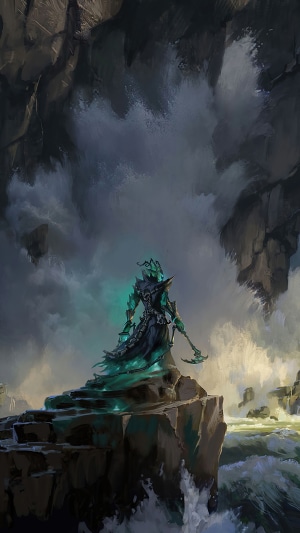 Thresh from League of Legends on a rocky outcrop