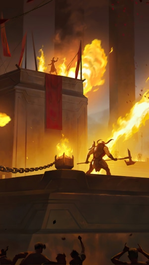 Arena battle with fire and warriors from Legends of Runeterra