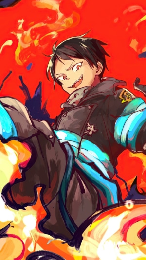 Shinra Kusakabe from Fire Force surrounded by flames