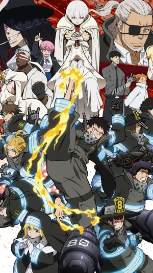 Fire Force characters including Sho Kusakabe and Leonard Burns