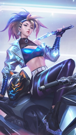Akali from League of Legends on a motorcycle
