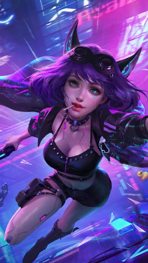 Girl with purple hair and cat ears in cyberpunk city