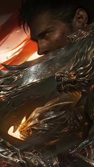 Warrior with ornate sword and dragon armor