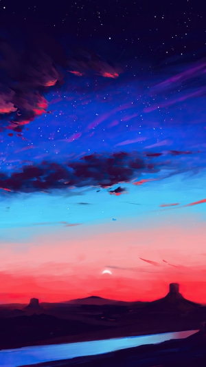 Digital Art of a Sunset Sky Over a Desert Landscape