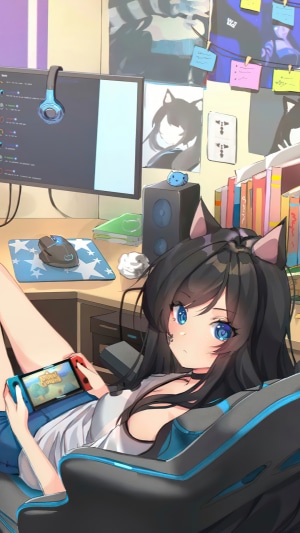 Anime girl playing Nintendo Switch