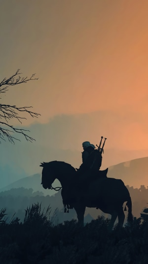 Geralt from The Witcher Riding Horse at Sunset