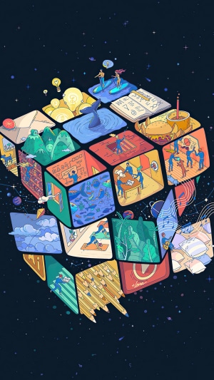 Rubik's Cube with various scenes and illustrations