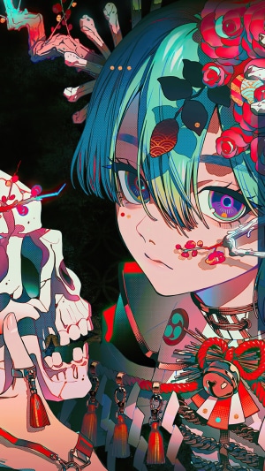 Anime girl with skull and flowers