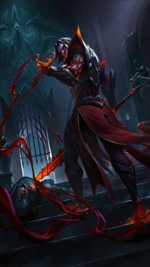 Vampire warrior with bloody sword in dark castle