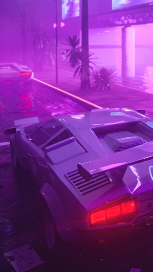 Purple Neon Lamborghini on a Wet Street at Night