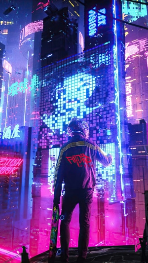 Person with skateboard in a neon cyberpunk city at night