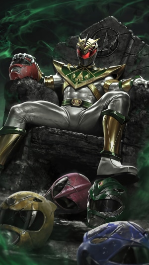 Lord Drakkon sitting on a throne with Power Ranger helmets