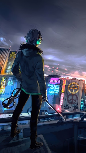 Cyberpunk character with headphones and violin on a city rooftop