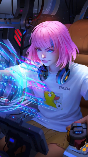 Girl with pink hair wearing headphones and a t-shirt