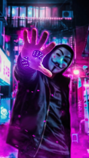 Anonymous Masked Figure Holding Dice in Neon City