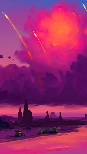 Meteor shower over a desert landscape with vehicles