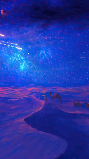Desert landscape under a starry night sky with a comet