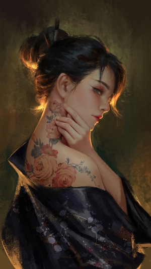 Woman with floral tattoos wearing a kimono
