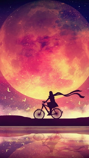 Silhouette of a person riding a bicycle under a large moon