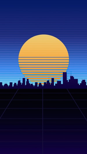 Synthwave cityscape with a large sun and grid floor