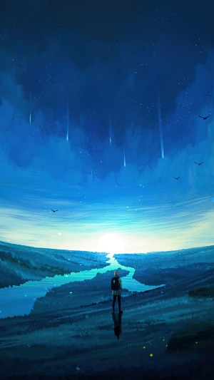 Person watching a meteor shower over a river at sunrise