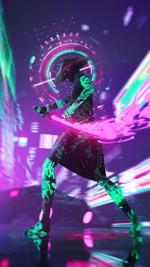 Cyberpunk warrior with neon sword in futuristic city