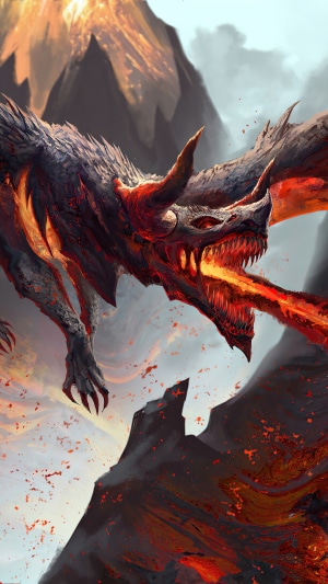 Dragon breathing fire near a volcano