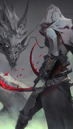 Warrior with a scythe and a dragon