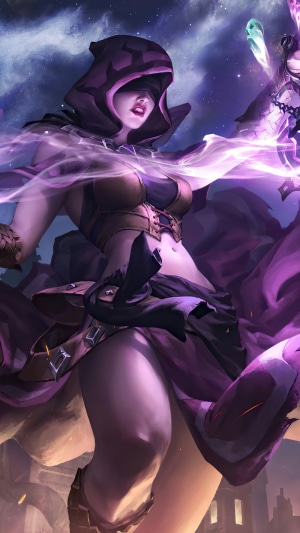 Blindfolded sorceress casting purple magic