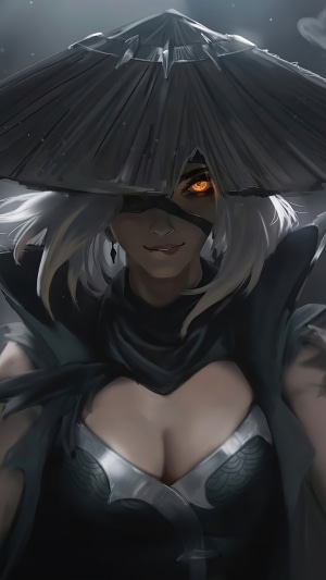 Woman with white hair and glowing eyes wearing a hat