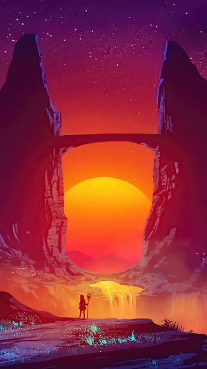 Fantasy landscape with a person and a sunset