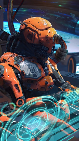 Orange Sci-Fi Robot Pilot in Space Cockpit