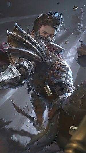 Warrior in ornate armor with mask and rifle