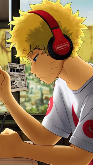 Naruto Uzumaki from Naruto wearing headphones