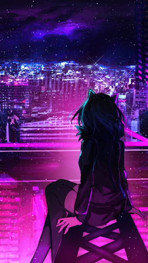 Anime Girl Sitting on Rooftop Overlooking Neon Cityscape at Night